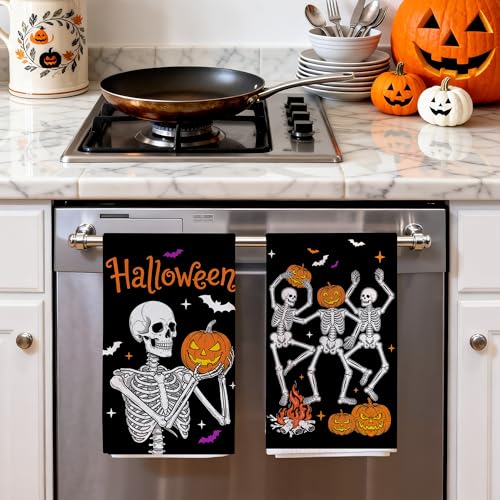 Hexagram Halloween Skeleton Kitchen Towels - Black 18x28 Inch Set of 2