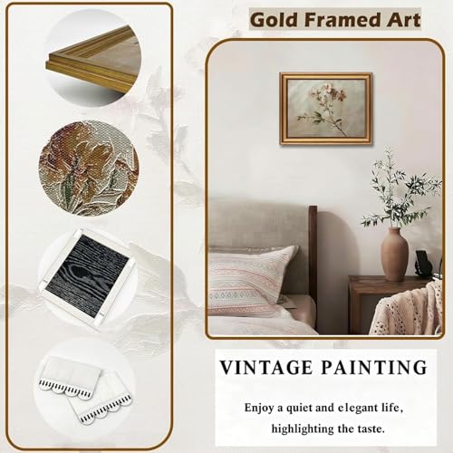 Floral Framed Wall Art - Rustic Wildflower Botanical Poster Print, 11x9 Inches, Gold Frame