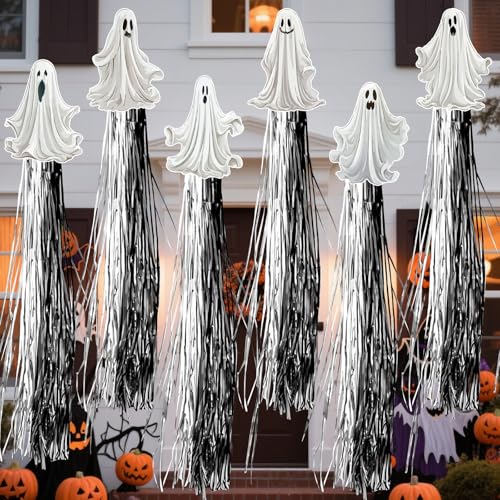 8PCS Outdoor Halloween Ghost Decorations with Silver Tassels for Lawn Garden & Wall