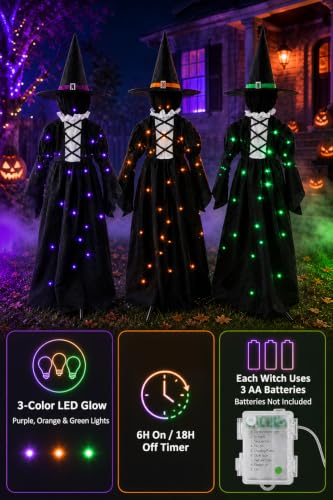 MCJC Halloween Witch Decorations Outdoor Set of 3 Light Up Stakes - Black