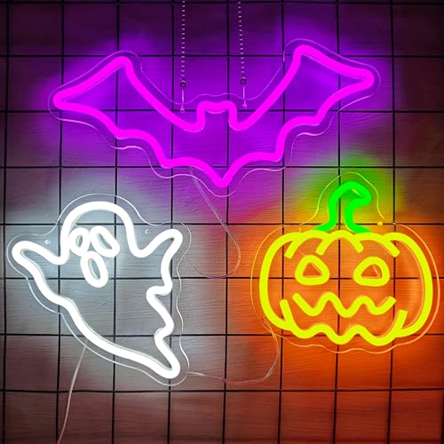 Halloween Neon Sign 3-Piece Set Dimmable Pumpkin Bat Ghost LED Decorations - Halloween3pcs