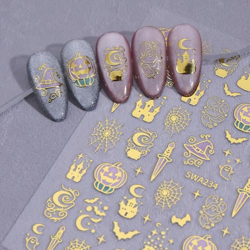 Halloween Nail Stickers - Gold Foil Spider Web Pumpkin Leaves Design 6 Sheets