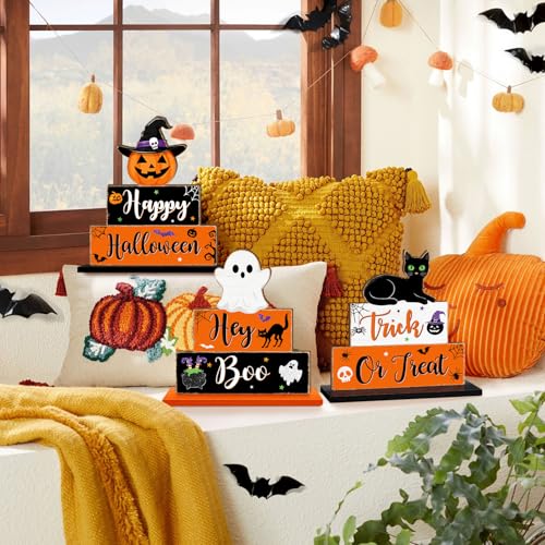 Halloween Wooden Table Signs Set - Ghost Pumpkin Bat Black Cat Decor - 3 Pieces