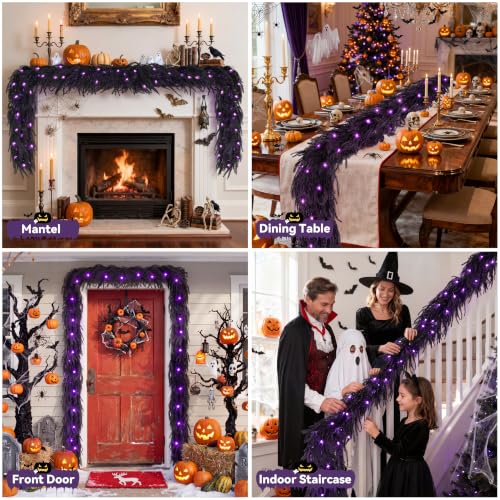 Pre-Lit Halloween Garland 6ft Black Norfolk Pine with Purple LED Lights