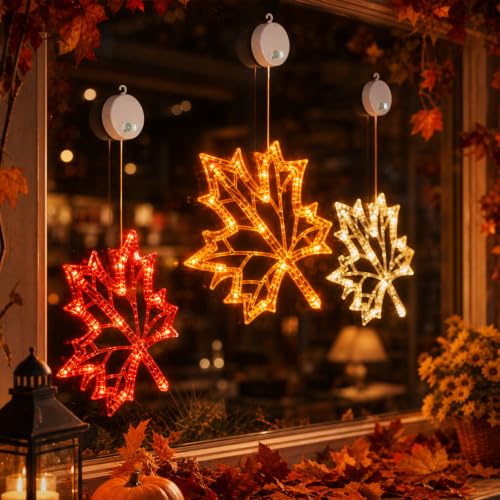 Fall Window Lights with Maple Leaves - Thanksgiving LED Decor Set, 3-Pack