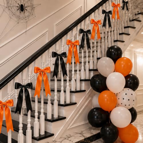 Halloween Bow Garland Banner with Black & Orange Satin Bows - 2 Strands, 16 Large Movable Bows, 13ft Decor