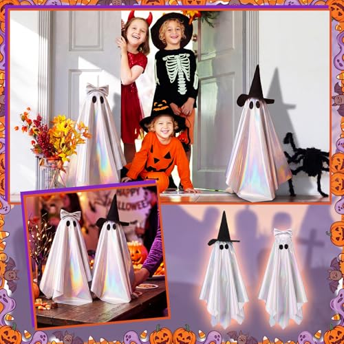 Halloween Iridescent Ghost Decorations with Witch Hat & Bow - 2pcs Indoor Decor