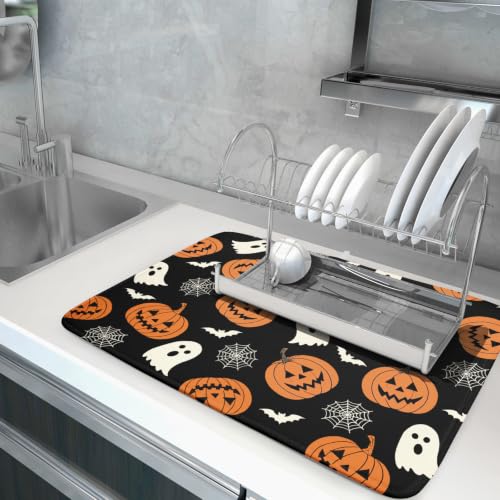 Halloween Dish Drying Mat for Kitchen Counter 24x18 Inch Pumpkin Spiderweb Reversible Microfiber