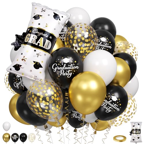 Black Gold White Graduation Balloons Set 60 Pcs for Party Decorations