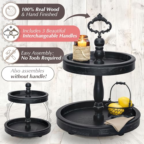 12.6 Inch Black 2-Tier Rustic Tray Stand with 3 Changeable Handles for Kitchen & Home Decor