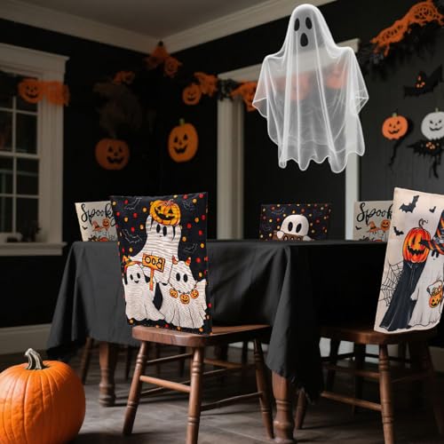 Halloween Chair Back Covers 4-Pack Spooky Ghost Pumpkin Bat Seat Protectors
