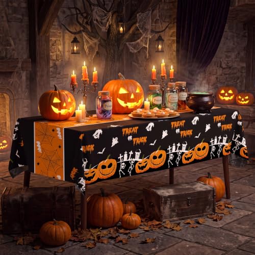 Halloween Plastic Table Cover Roll with Slide Cutter - 54 x 300 Feet - Pumpkin Ghost Design - Disposable Party Tablecloth - Variation: 3600 x 54 Inches