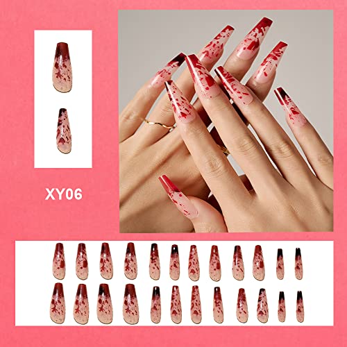 Red Halloween Fake Nails Long Acrylic Coffin Tips with Blood Drip Design - 24Pcs