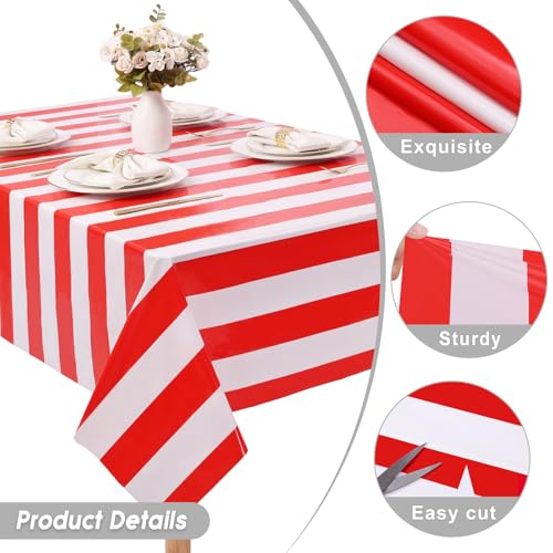 Red and White Striped Plastic Tablecloth 54x108 Inch - 3 Pack, Waterproof & Disposable - Horizontal Red Stripe