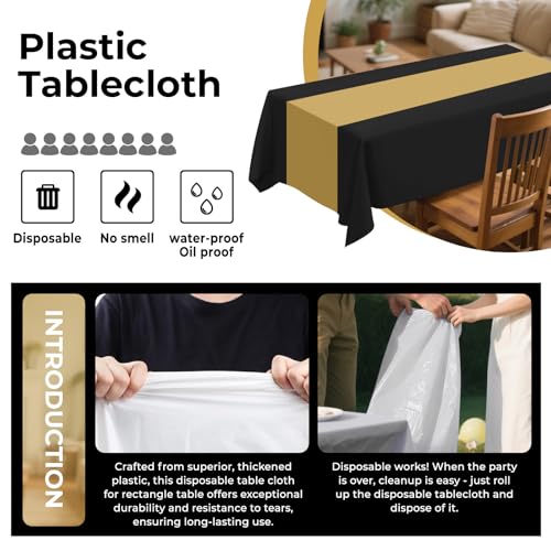 Black and Gold Disposable Plastic Tablecloths - Rectangle 54x108 Inches, Pack of 8