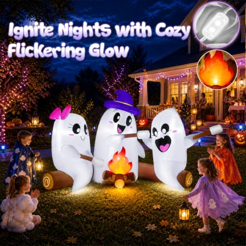 6FT Halloween Inflatable Ghosts with Campfire & LED Lights Outdoor Yard Decor