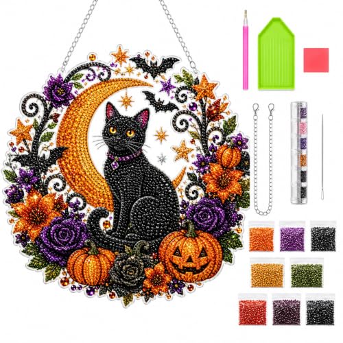 Halloween Black Cat Moon Diamond Art Suncatcher Kit - 10x10in Window Decor