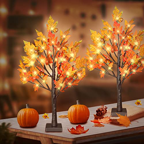 2 Pack 24 Inch Lighted Maple Trees with 36 LEDs & Acorns - Fall Thanksgiving Decor