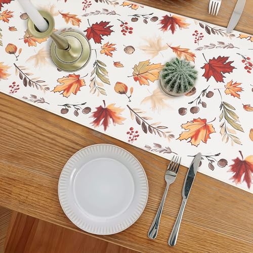 Fall Table Runner for Kitchen & Dining - Harvest Pumpkins & Leaves, Water-Resistant, 13 x 36 inches