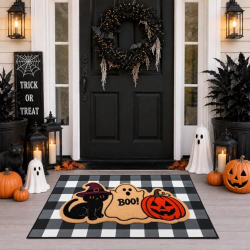 Halloween Welcome Door Mat Set - Black Cat Ghost Pumpkin, Coir & Velvet, Non-Slip, 2 Pieces - Cat Boo Variation