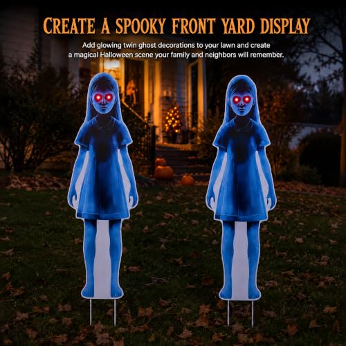 Lighted Ghost Yard Signs for Halloween Outdoor Decorations - 2 Pack, 31.5 Inch Creepy Lawn Stakes with Red LED Eyes