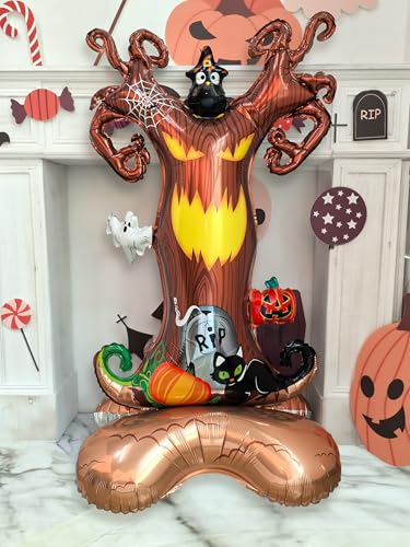 Halloween Standing Foil Balloons Set - Ghost Castle & Spooky Tree, 4ft, Helium-Free, Self-Standing Halloween Decorations with Variation Castle & Tree