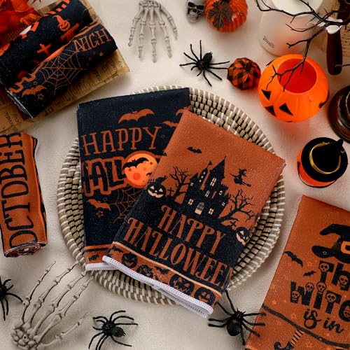 Halloween Hand Towels Set - Eye Catching Witch Ghost Pumpkin Design, 6 Pack
