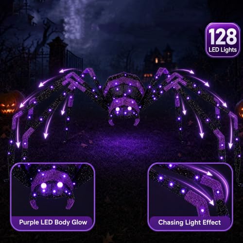 6.8 Ft Outdoor Halloween Giant Spider with 128 Purple LED Lights for Yard & Haunted House