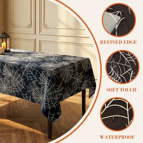 Halloween Spider Web Waterproof Tablecloth - Black Gothic Dining Cover, 144x60 Inches, Variation of Spiderweb