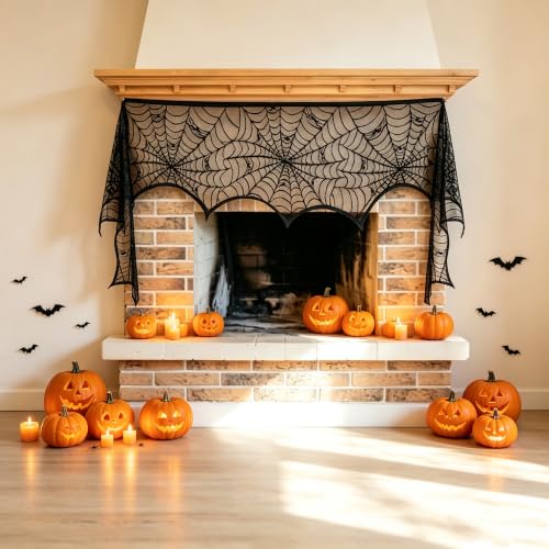 Halloween Black Lace Spiderweb Mantel Scarf - Indoor Fireplace & Table Decor