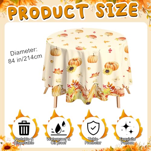 Sotiff 3 Pcs Fall Round Tablecloth 84 Inch Plastic Pumpkin Maple Leaf Design - Pumpkin1