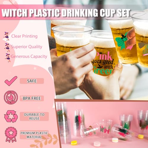 Pink Green Witch Theme Plastic Cups 12oz - 100pcs Disposable Party Drinkware