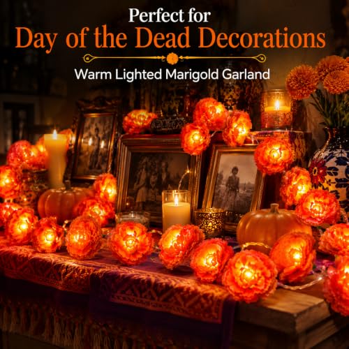 3 Pack LED Marigold Garland with Lights for Fall Halloween and Diwali Decor