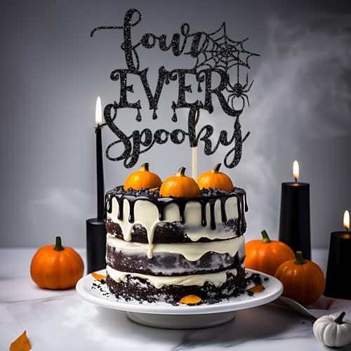 Halloween Spooky Cake Topper - Black Glitter 4th Birthday Decoration
