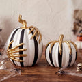 Halloween Black and White Pumpkin Decor Set with Skeleton Hands - Indoor Outdoor Resin Decorations