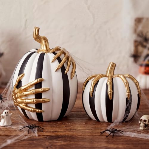Halloween Black and White Pumpkin Decor Set with Skeleton Hands - Indoor Outdoor Resin Decorations