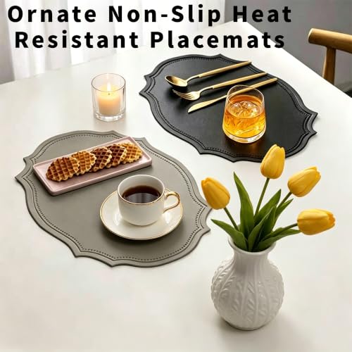 Double-Texture Faux Leather Oval Placemats Set of 6 - Black, Washable, Non-Slip & Heat Insulation