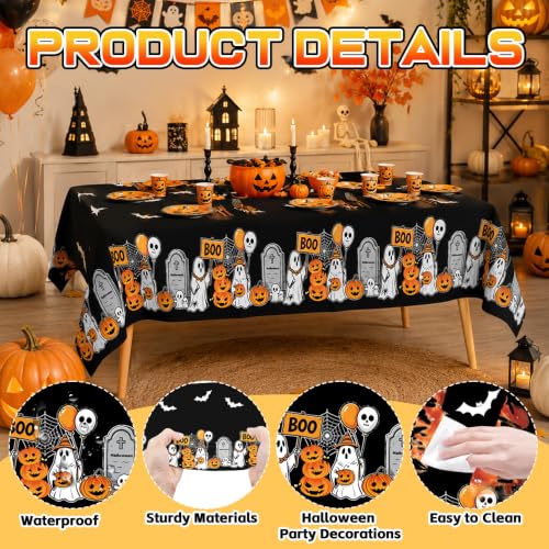 Disposable Halloween Tablecloth Set - Black Ghost Pumpkin Pattern, 8 Pack