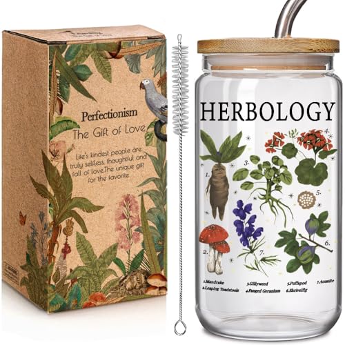 Herbology Witch Glass Cup - 16oz Magical Plant Themed Coffee Mug with Lid & Straw