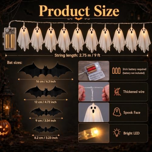 Halloween Ghost String Lights with 3D Bat Decorations - 9 ft Indoor Outdoor Decor