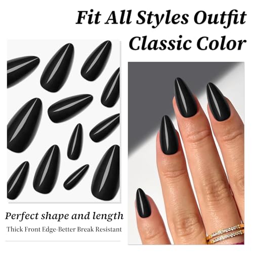 Lifextol Black Almond Press On Nails Medium Length - 240pcs Fake Nails with Glue & Tabs
