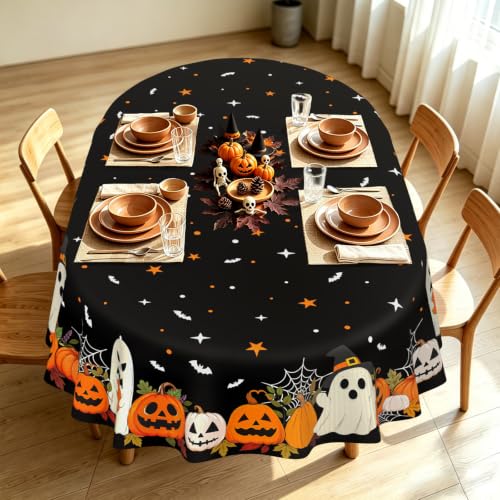 Black Halloween Pumpkin Ghost Tablecloth 102x60 Inches Fall Decor - Reusable Polyester