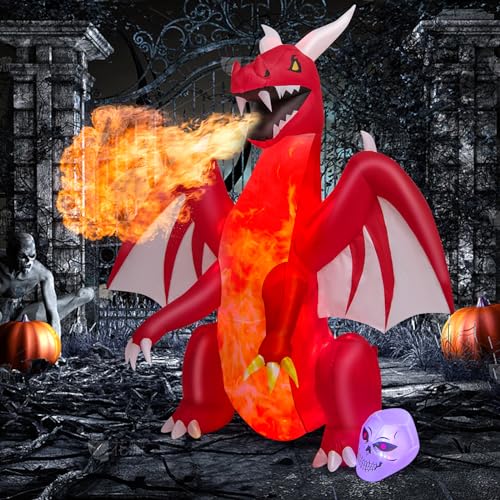 8ft Halloween Inflatable Fire Dragon Yard Decoration with LED Lights Waterproof