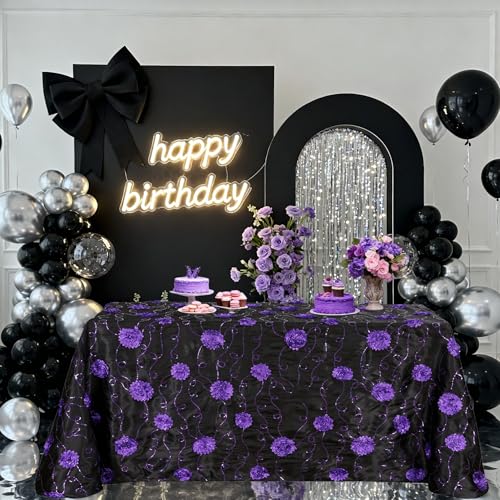 Black 132x90 Inch Rectangular Christmas Tablecloth with 3D Rosette Sequin Satin
