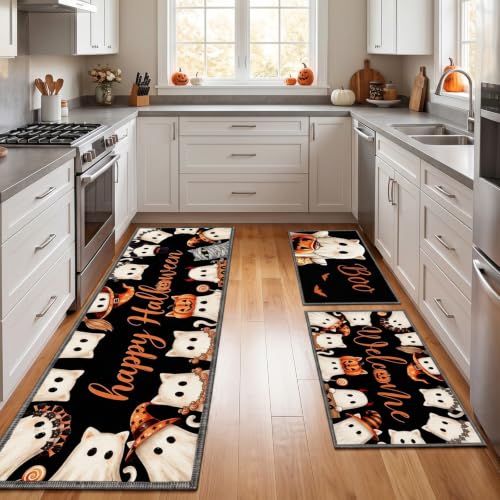 Halloween Ghost Kitchen Mats Set of 2 Non-Slip Rugs - Halloween Ghost Variation