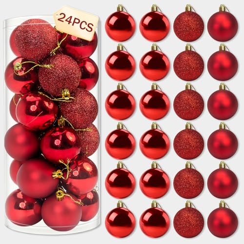 Red Christmas Ornaments Set - 24 Shatterproof Holiday Tree Bulbs