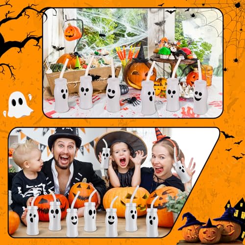 12-Pack Halloween Ghost Cups with Lids & Straws, Reusable Plastic, 8 oz