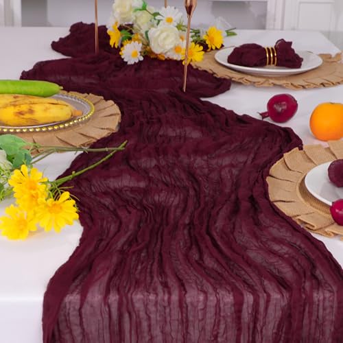 Snowkingdom Burgundy Cheesecloth Table Runner 10FT for Christmas & Wedding Decor