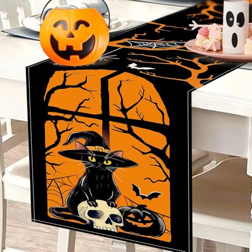 Halloween Table Runner with Black Cat Skull & Pumpkin Design - Animal Print Style, 72x13 Inches