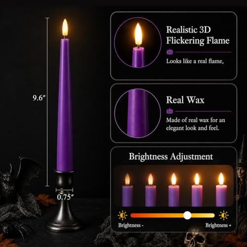 Halloween Flameless Taper Candles Set - Black, Burnt Orange & Purple, 6 Pack